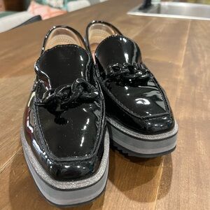 Johnston & Murphy Black Patent Loafers with Gray Platform Sole